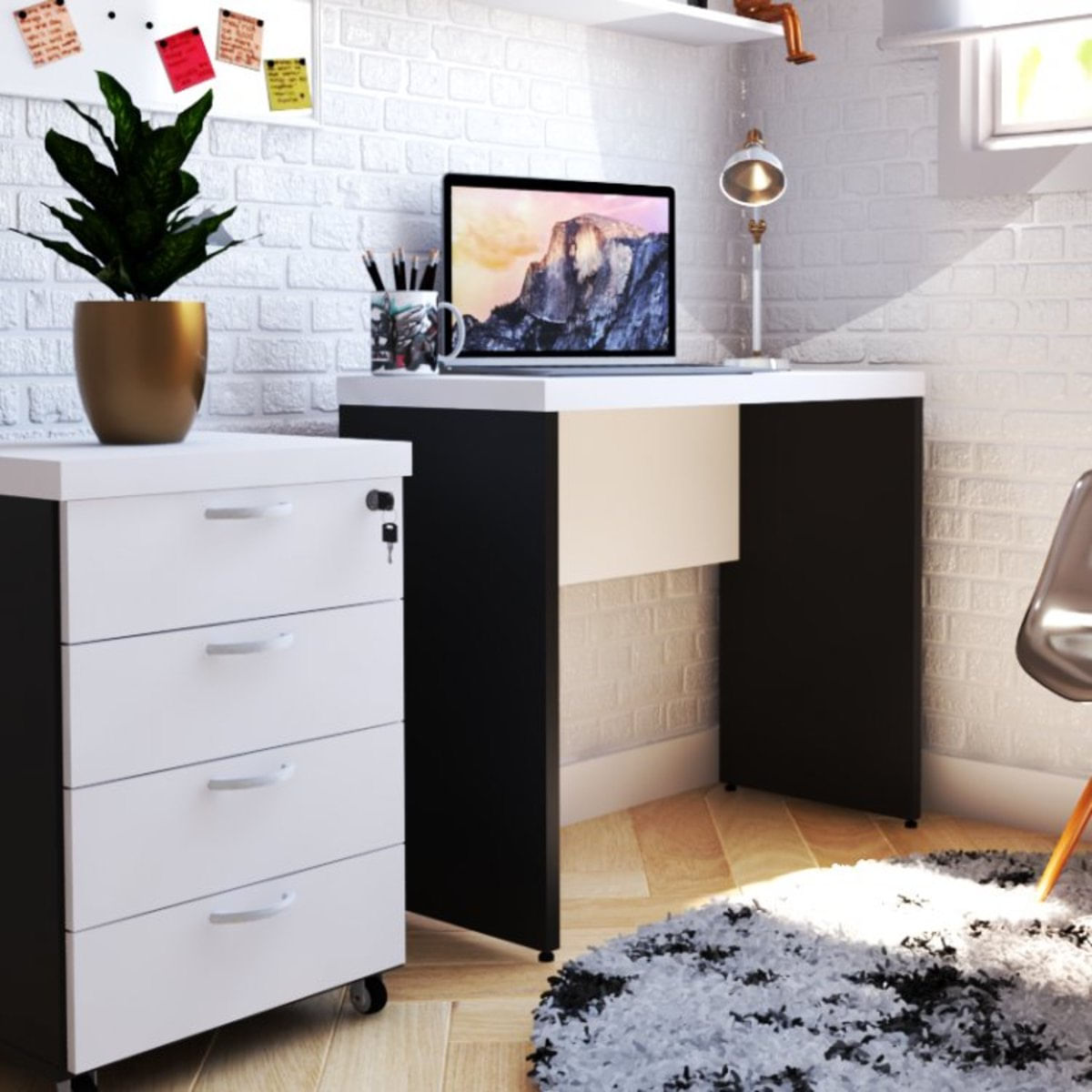 Mesa Reta Natus 40mm 90 cm 42 cm Bramov Móveis Preto/Branco