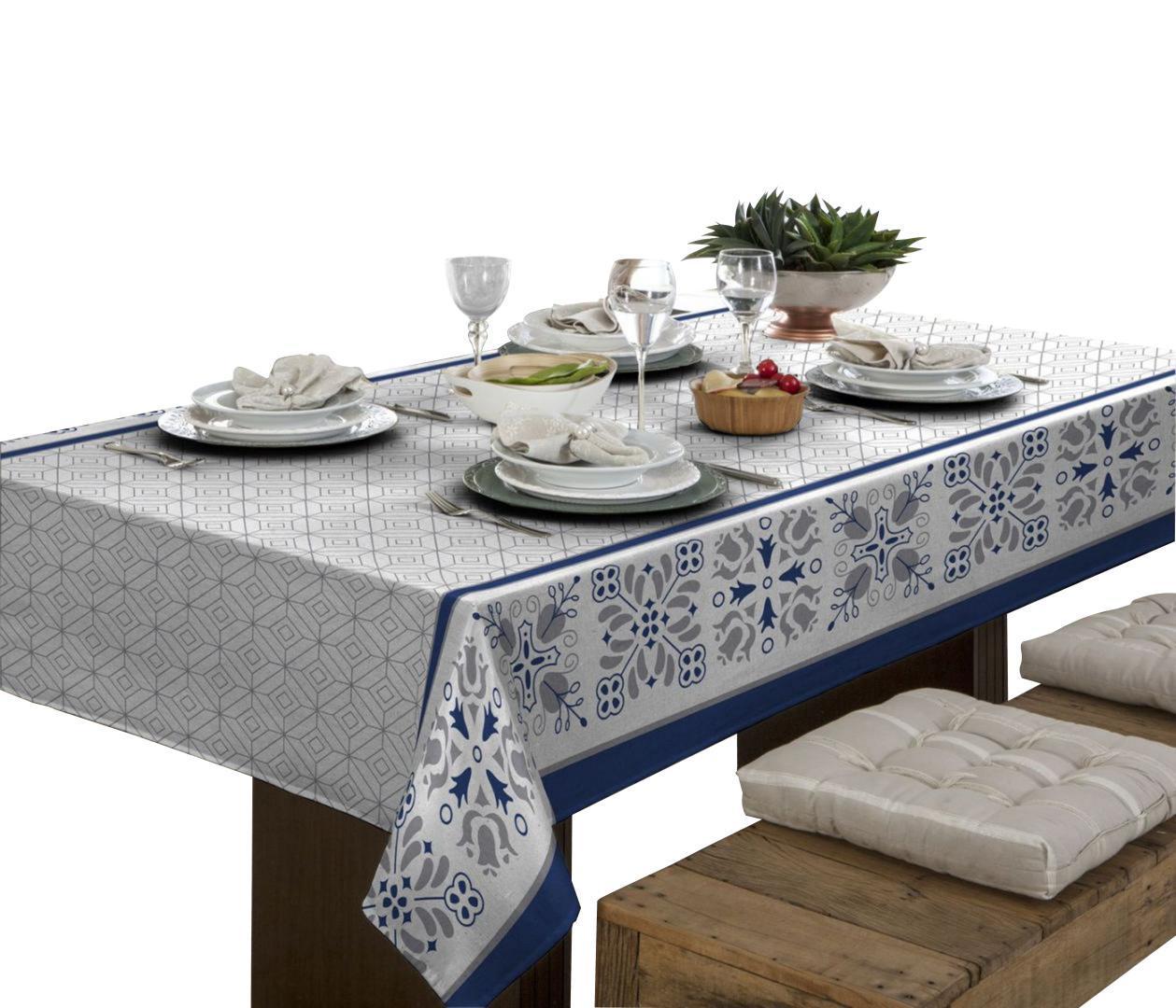 Toalha De Mesa Linhão 6 Lugares Retangular Azuleijos Azul