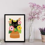 Quadro Gatinho Com Vaso De Flores 45x34cm Moldura Preta