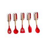 Kit 5 Utensílios De Silicone Cabo Madeira Colher Raspador Concha Espátula Massas Cor Vermelho