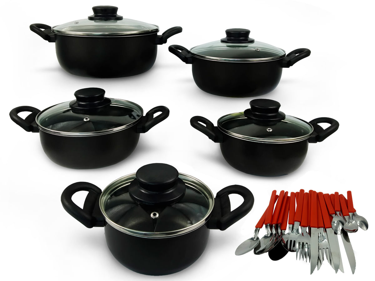 Conjunto De Caçarola 5 Peças Para Sua Cozinha Antiaderente Com Tampa de Vidro  e Talheres