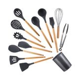 Kit Colheres Silicone Cozinha Cabo Madeira 12pçs