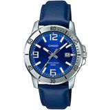 Relógio Masculino Casio Prata E Azul Data Pulseira De Couro