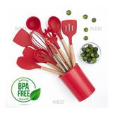 Kit Utensílios De Cozinha Silicone Com Cabo De Madeira