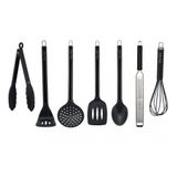 Conjunto Utensílios Cozinha Silicone Black Cabo Inox Premium