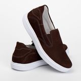 Tênis Slip On Masculino Couro Perfuros Elástico Dia a Dia Café 43