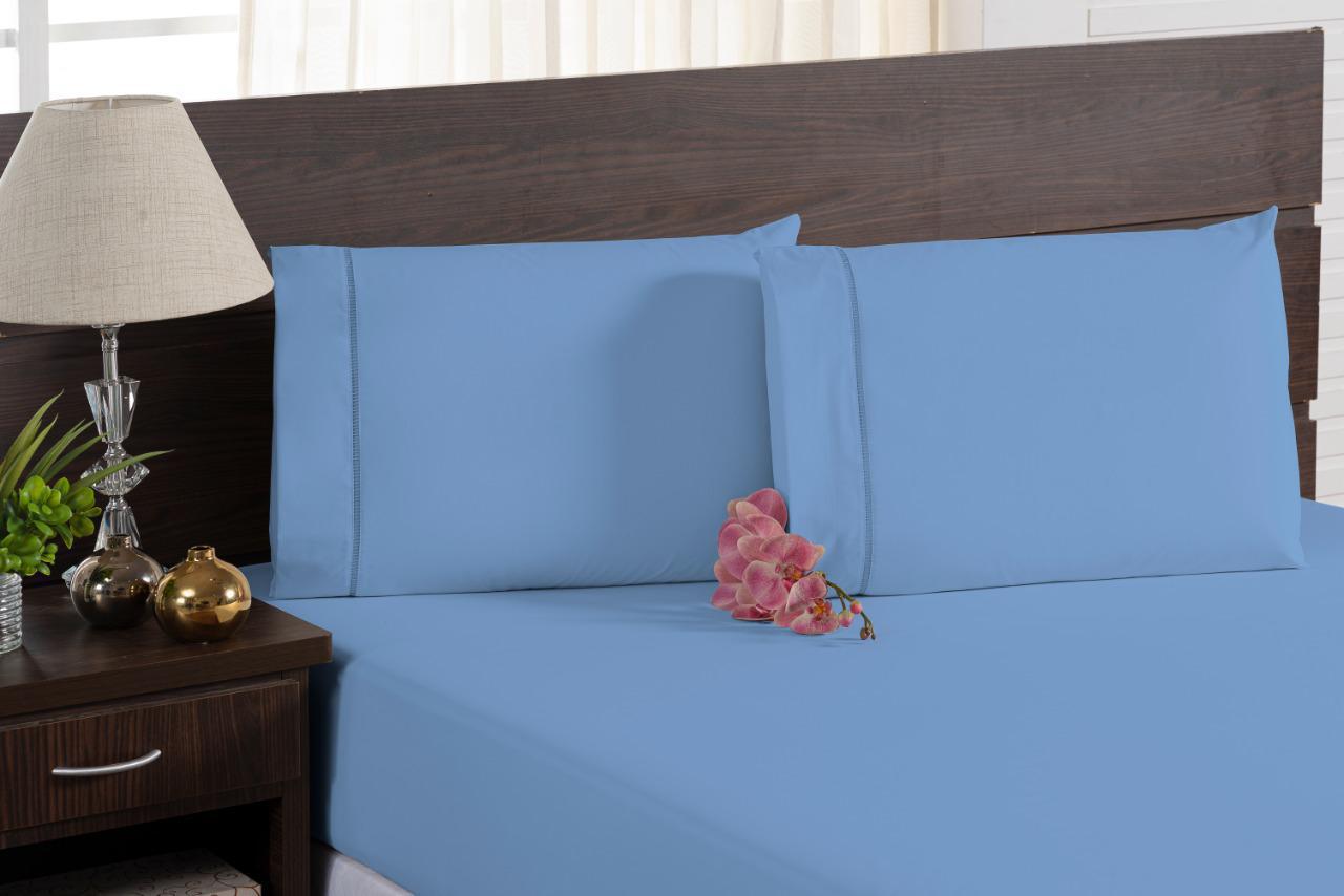 Lençol Cama King 100% Algodão Com Elástico Azul 3 Peças