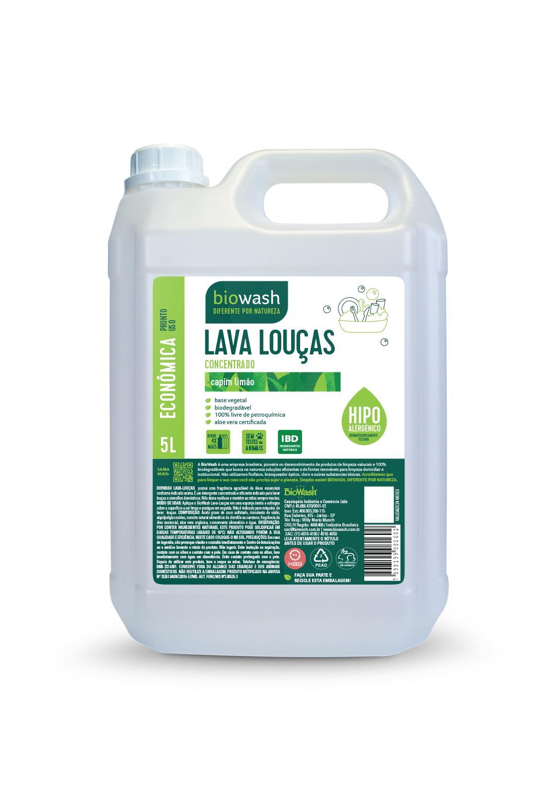 Detergente Lava Louças Capim Limão Biodegradável Biowash 5l