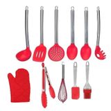 Kit Colheres De Silicone Cabo Inox Utensílios Vermelho 11 Pç