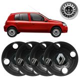 Kit 4x Calota Centro Roda Renault Clio Hatch Preto Emblema