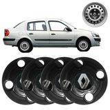 Kit 4 Calota Centro Roda Renault Clio Sedan Preto Emblema