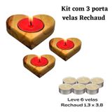 Kit Com 3 Porta Vela De Madeira Coração Velas Rechaud 8x8