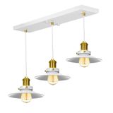 Lustre Pendente Nordic Triplo Base Retangular Branco/Dourado