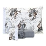Jogo De Lençol Estampado Casal Queen 03 Peças Flores Cinza