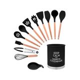 Kit Utensílios Cozinha Preto Silicone Inox Mdf 13pçs Unyhome