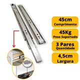 Corrediça Telescópica Gaveta Reforçada 45cm 3 Pares 45 Kg