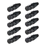 10 Plug Conector Xlr Canon Fêmea 3 Pinos Metal Preto Luminos