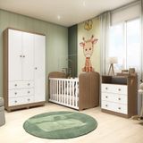 Quarto De Bebê Completo Com Guarda Roupa 3 Portas Cômoda E Berço Pega-pega 100% Mdf  Branco Brilho/carvalho