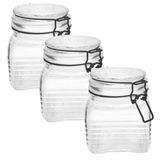 3 Potes De Vidro Hermético Quadrado Com Trava Preto 800ml