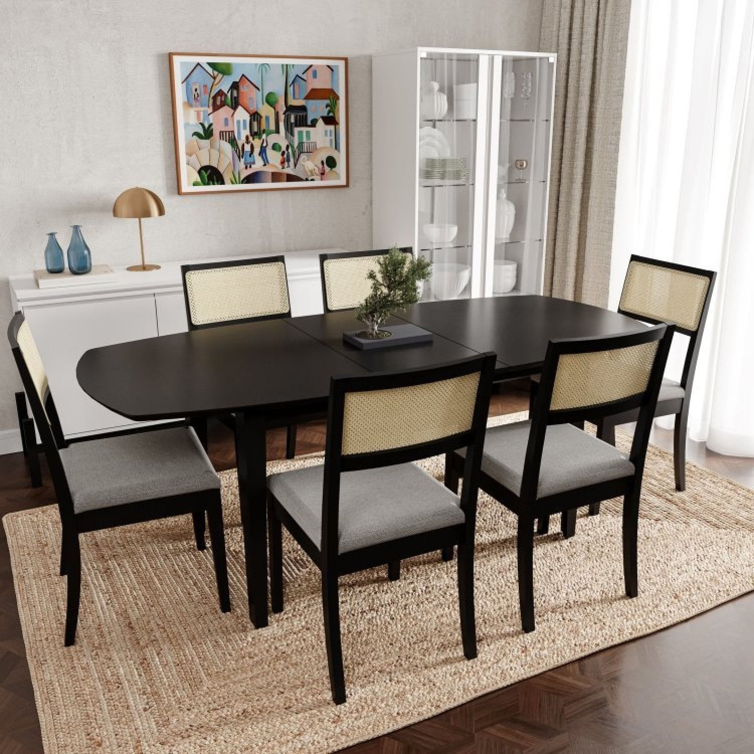 Conjunto Mesa Extensível Oval 6 Cadeira Madeira Maciça Encosto Telado Tiê Cabecasa Madeiramadeira