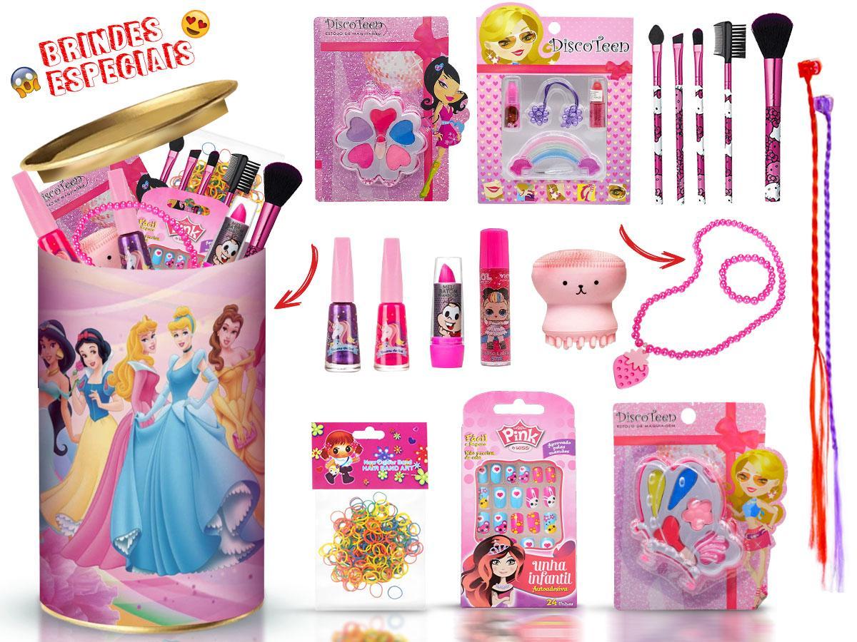 Kit Maquiagem Infantil Completo + Lata + Esmaltes