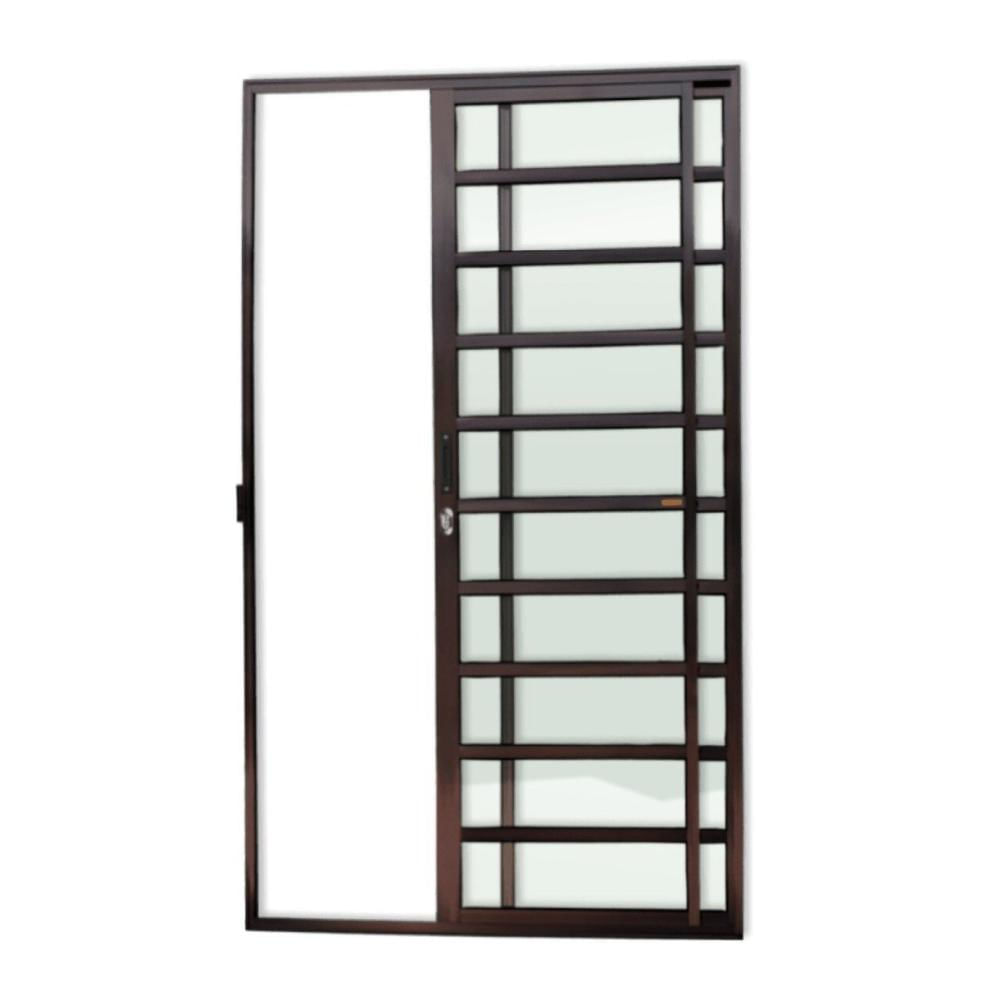 Porta de Alumínio de Correr 210x120cm 2 Folhas com Travessa e Vidro Liso Corten Super Brimak Corten