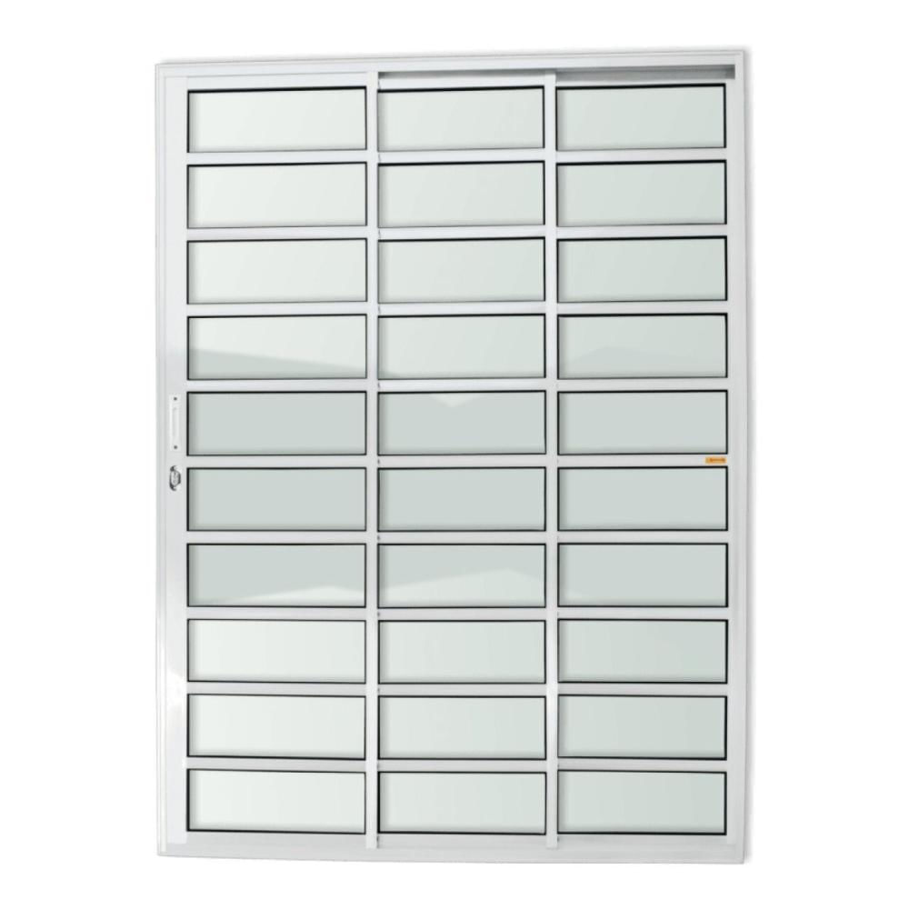 Porta de Alumínio de Correr 210x120cm 3 Folhas 1/3 com Travessa e Vidro Liso Super Anodizado Brimak Branco