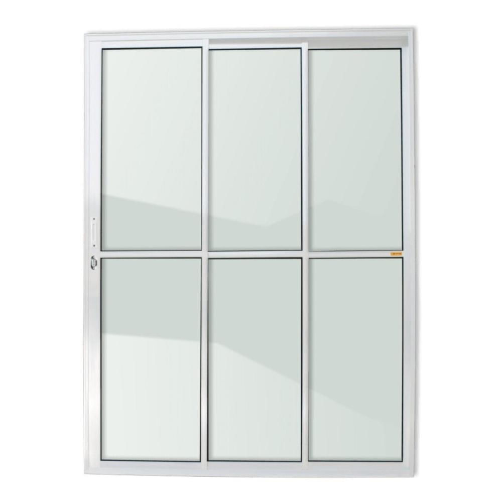 Porta de Alumínio de Correr 210x150cm 3 Folhas 1/3 com Vidro Liso Anodizado Super Brilhante Brimak Branco