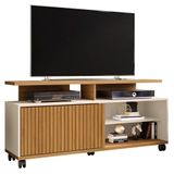 Rack Bancada Para Tv Até 52 Pol. Com Rodízios 1 Porta Topázio Cinamomo/off White/ripado - Bechara
