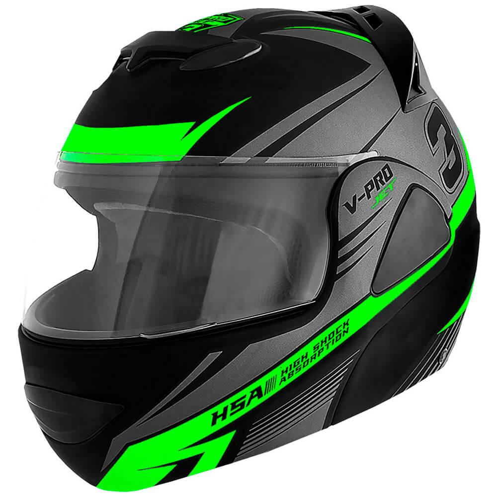 Capacete Moto Robocop Escamoteável Pro Tork V-pro Jet 3 Preto/verde Tam: 56