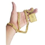 Cordão Banhado Ouro 18K Grumet 13Mm Com Pingente Fé+Pulseira