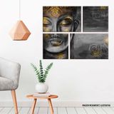 Conjunto de 4 Telas Decorativas em Canvas Buda Cinza com Dourado Único