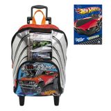 Mochila Escolar Hot Wheels Prata M Rodinha Porta Carrinhos