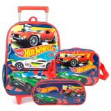 Kit Mochila Rodinha Lancheira E Estojo Hot Wheels Vermelha