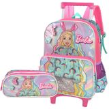 Kit Mochila De Rodinha E Estojo Barbie Coelho Rosa Escolar