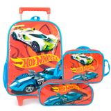 Kit Mochila Rodinha Lancheira E Estojo Hot Wheels Azul Claro