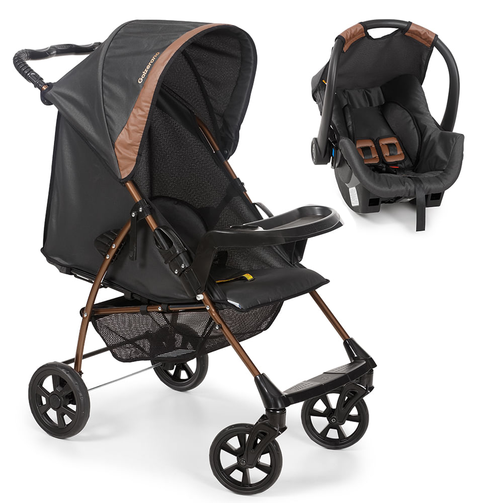 Travel System Galzerano Carrinho De Bebê Romano Com Bebê Conforto Cocoon Slim Preto E Cobre