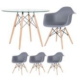 Mesa Redonda Tampo De Vidro 100 Cm + 3 Cadeiras Cinza Escuro