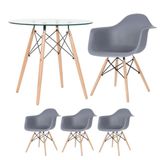 Mesa Redonda Tampo De Vidro 80 Cm + 3 Cadeiras Cinza Escuro