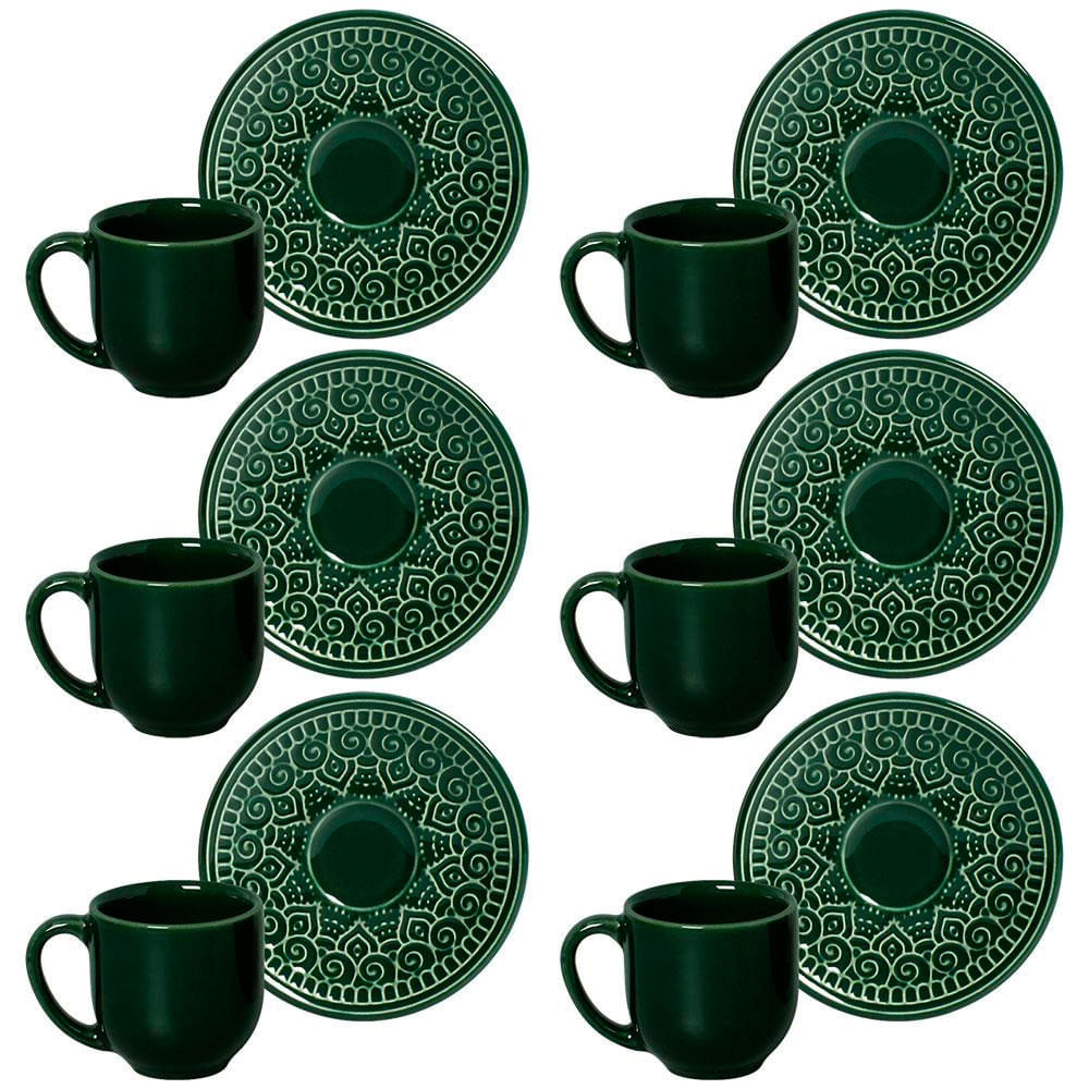 Conjunto Com 6 Xícaras E Pires Para Café Porto Brasil Agra Botânico Em Cerâmica Feldspática 112ml