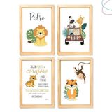 4 Quadros Infantil Safari Baby Com Moldura Pinus