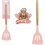 Espatula Vazada De Silicone Rosa Cabo Madeira Bons Cheff