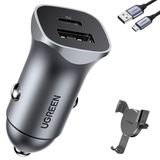 Ugreen Carregador Veicular Turbo Usb A/c 30w + Suporte + Cabo Micro Usb