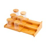 Kit 6 Potes Herm 200ml Com Tampa De Bambu E Rack Organizador