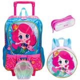 Kit Mochila Escolar Sereia Anime Infantil Rodinhas Tam G