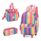 Kit Mochila Rodinhas Arco Iris Metalizado Up4you - Salmão