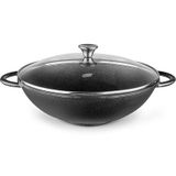 Panela Wok 36Cm Ferro Fundido Com Tampa De Vidro - Mta