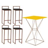 Mesa Bistrô Lucca E 04 Banquetas Alta Lina Bar Balcão Ferro Bronze Tampo Amarelo Tecido Cinza