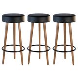 Kit 03 Banquetas Estofada Com Pés De Madeira Couríssimo Preto