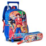 Kit Mochila De Rodinhas + Estojo Duplo One Piece Azul